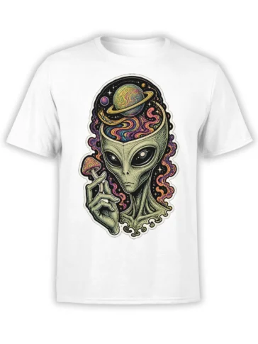 White T-shirt with a green alien, ringed planet, colorful stars, cosmic swirls, and mushroom artwork
