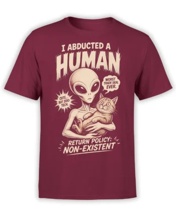 Burgundy alien T-shirt with a retro comic design of an alien holding a cat and humorous abduction text