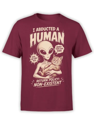 Burgundy alien T-shirt with a retro comic design of an alien holding a cat and humorous abduction text