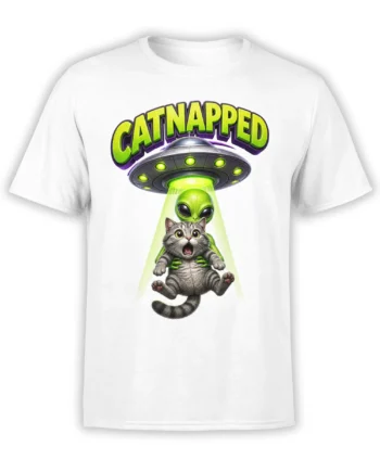 White T-shirt with CATNAPPED text, a startled gray tabby, green alien, silver UFO, and glowing beam