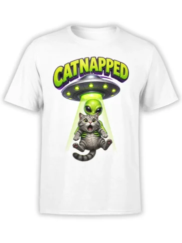 White T-shirt with CATNAPPED text, a startled gray tabby, green alien, silver UFO, and glowing beam