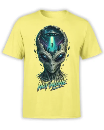 Yellow alien T-shirt with a detailed gray extraterrestrial, glowing UFO beam, cosmic sky, and NOT ALONE text