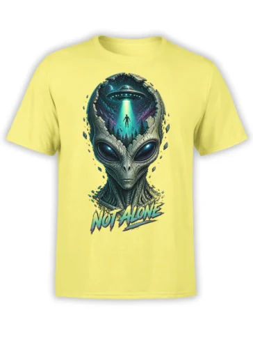 Yellow alien T-shirt with a detailed gray extraterrestrial, glowing UFO beam, cosmic sky, and NOT ALONE text