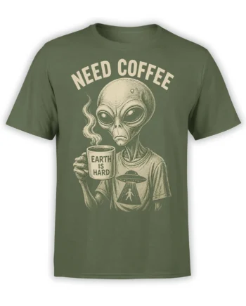 Green T-shirt with a vintage extraterrestrial holding coffee, a flying saucer, and the words Need Coffee