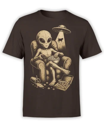Brown alien T-shirt with a vintage cream UFO scene, lounging extraterrestrial, popcorn, remote, pizza, and cow