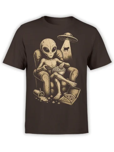 Brown alien T-shirt with a vintage cream UFO scene, lounging extraterrestrial, popcorn, remote, pizza, and cow