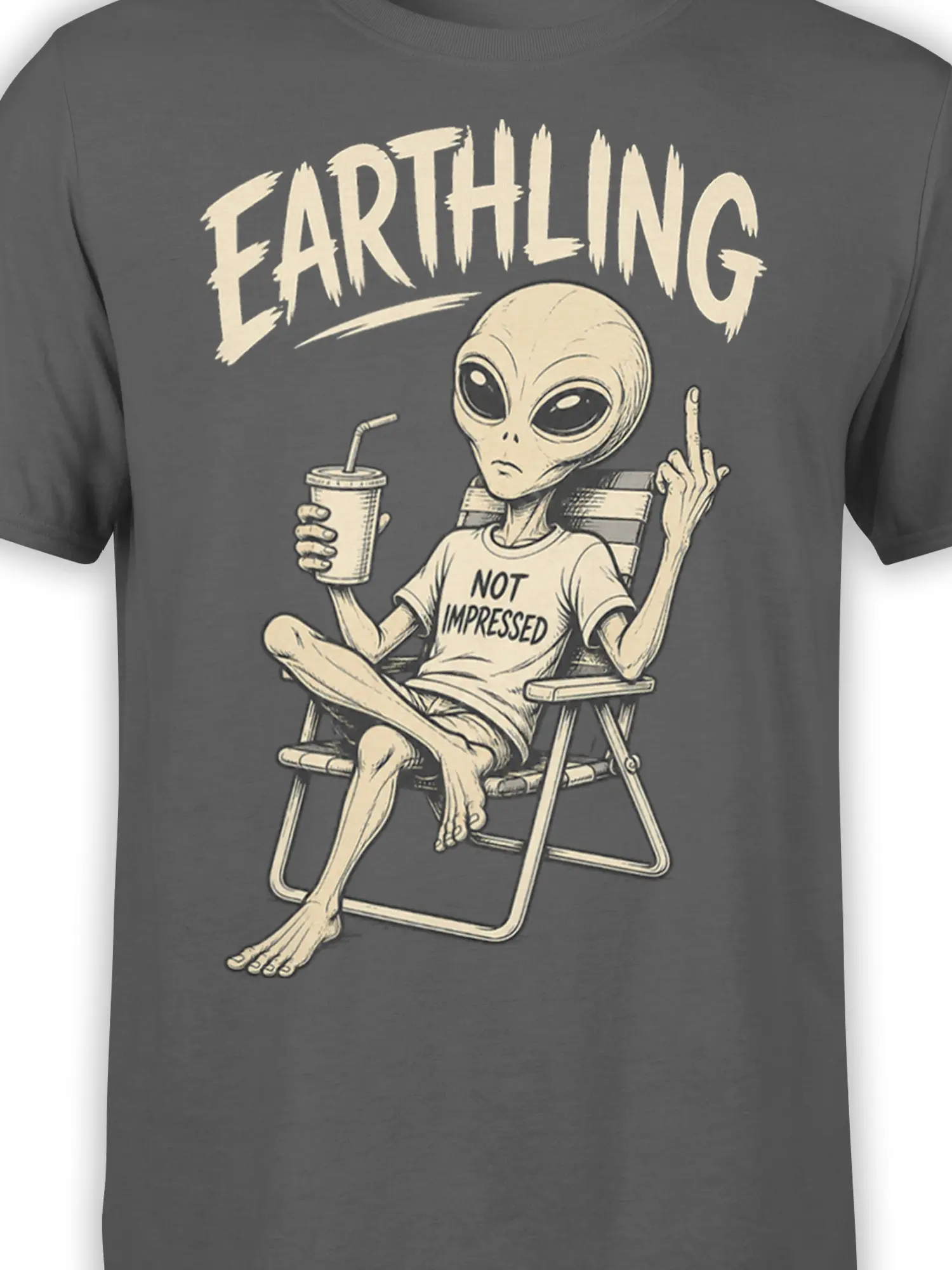 Close-up of the unimpressed alien, drink, and sarcastic text on a charcoal gray T-shirt