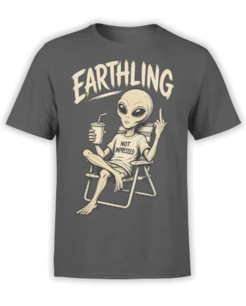 Not Impressed alien graphic with a drink and raised finger on a charcoal gray T-shirt