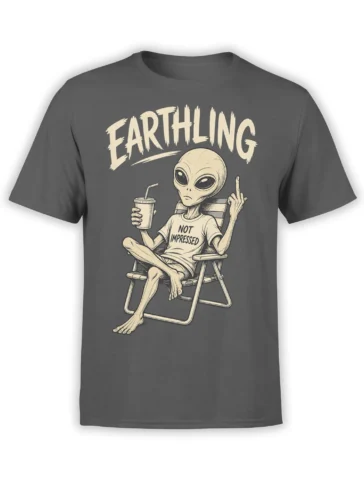 Not Impressed alien graphic with a drink and raised finger on a charcoal gray T-shirt