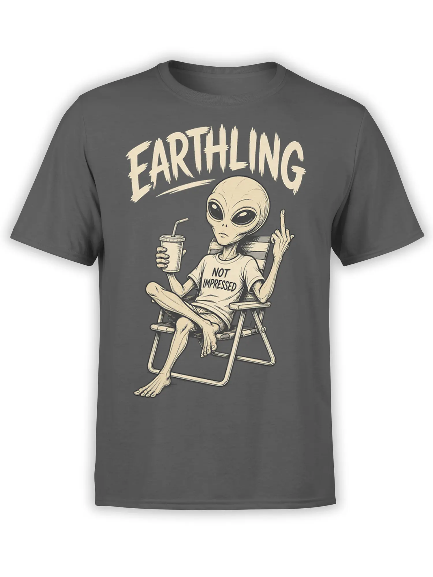 Not Impressed alien graphic with a drink and raised finger on a charcoal gray T-shirt