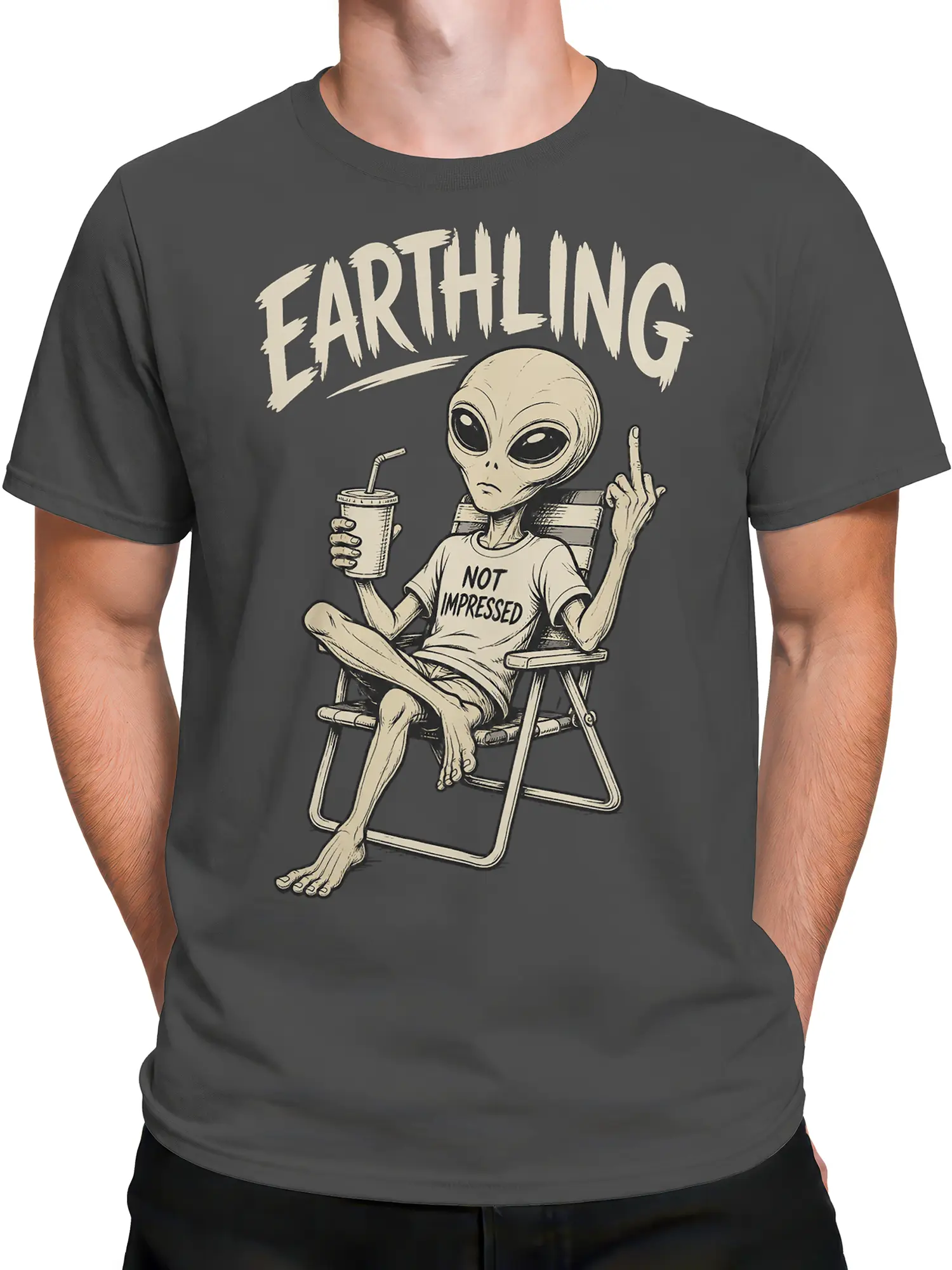Male torso wearing a charcoal gray alien T-shirt with a lounging alien and sarcastic text