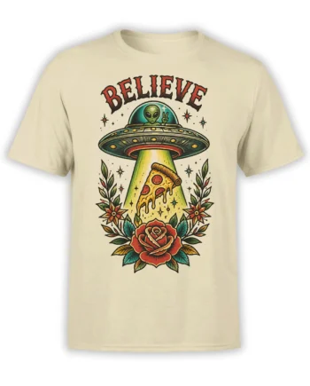 Beige alien UFO T-shirt with glowing pizza slice, BELIEVE lettering, stars, and red roses