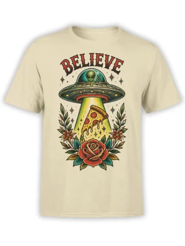 Beige alien UFO T-shirt with glowing pizza slice, BELIEVE lettering, stars, and red roses