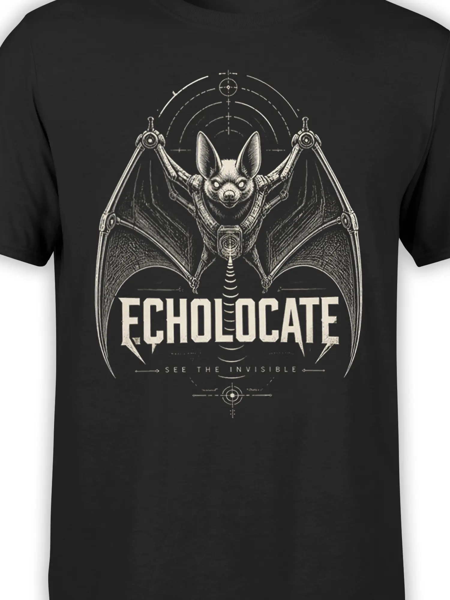 Close-up of the cream bat graphic, circular sonar marks, and “ECHOLOCATE” text on a black shirt