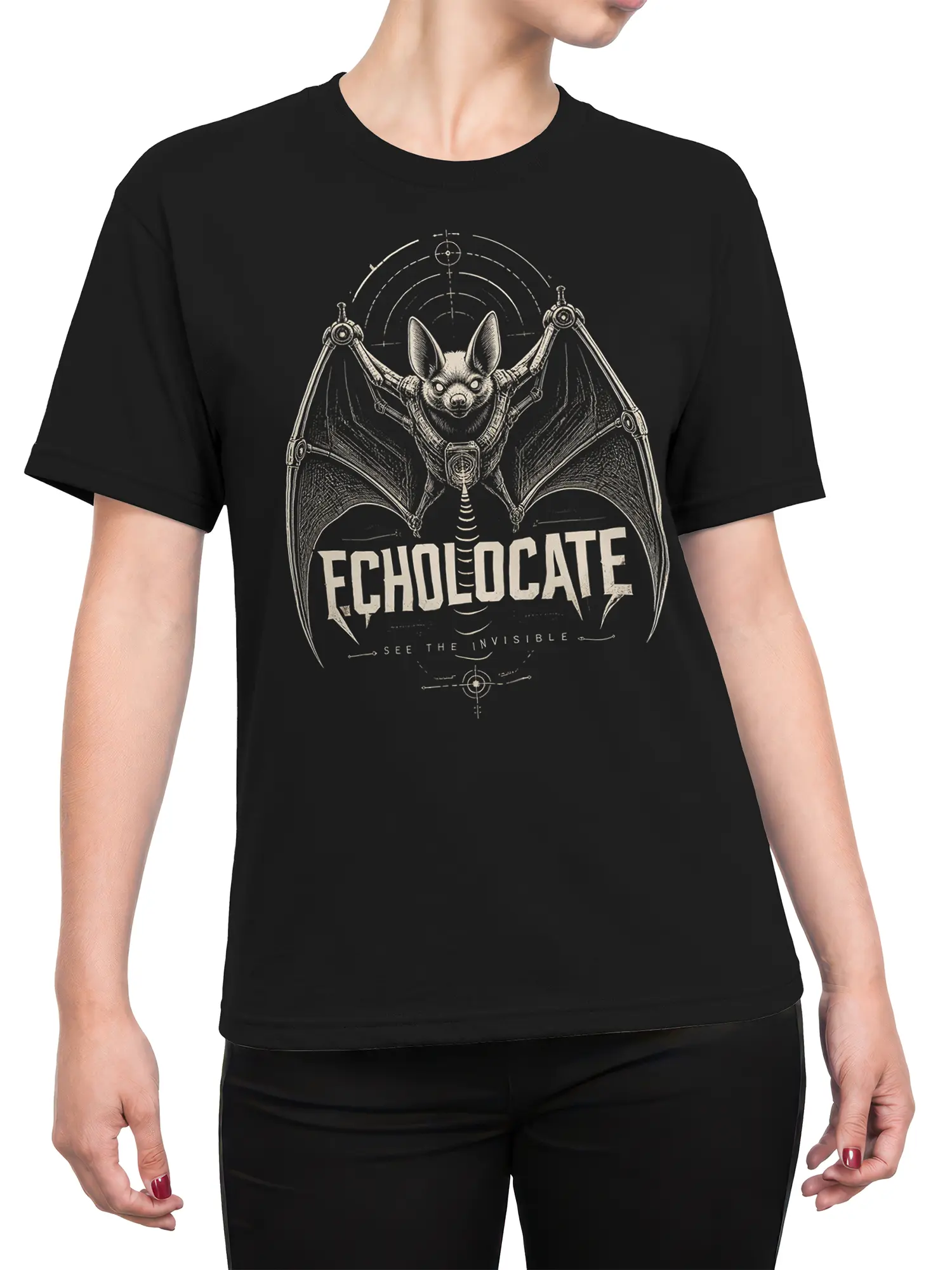 Female torso wearing a black bat T-shirt with cream echolocation artwork and “SEE THE INVISIBLE” lettering