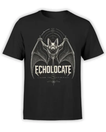 Black T-shirt with a detailed winged bat, sonar circles, and bold “ECHOLOCATE” lettering in cream