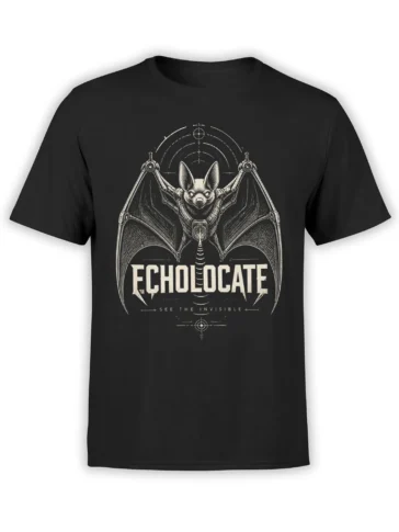Black T-shirt with a detailed winged bat, sonar circles, and bold “ECHOLOCATE” lettering in cream