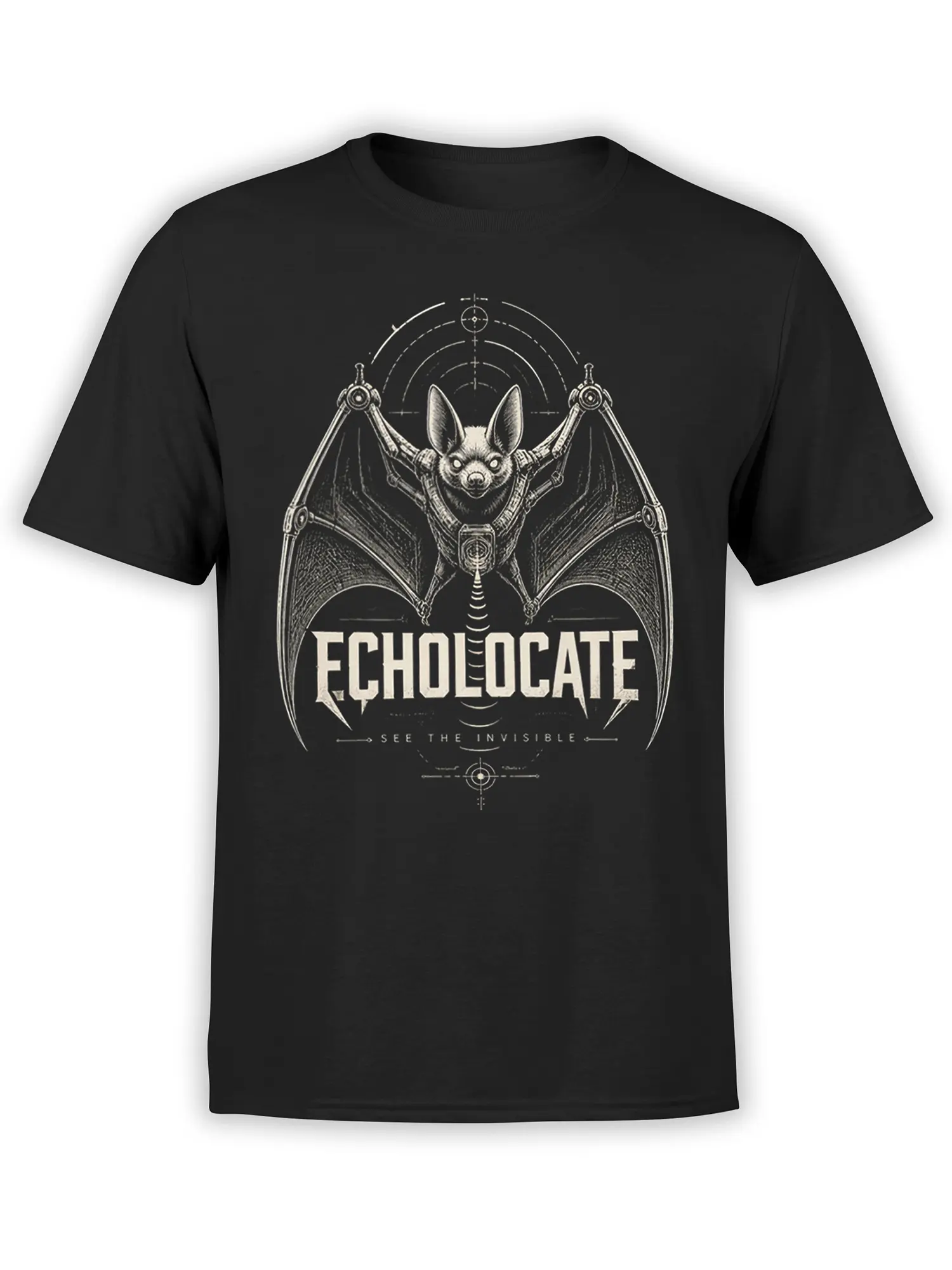 Black T-shirt with a detailed winged bat, sonar circles, and bold “ECHOLOCATE” lettering in cream