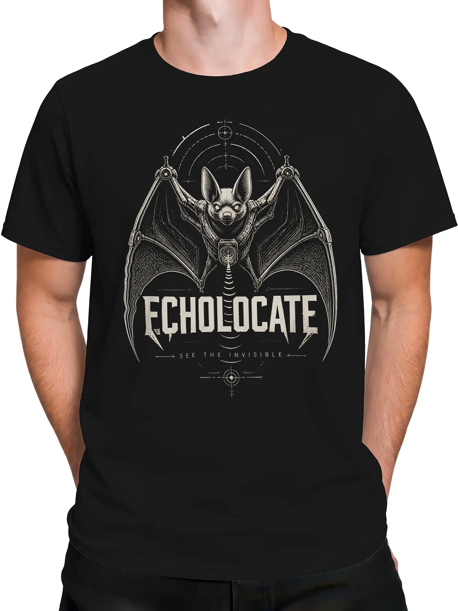 Male torso wearing a black bat T-shirt with vintage sonar artwork and bold cream lettering