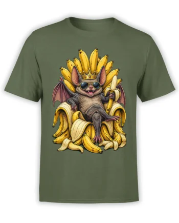 Crowned bat in sunglasses holding a banana on a banana throne printed on a green T-shirt