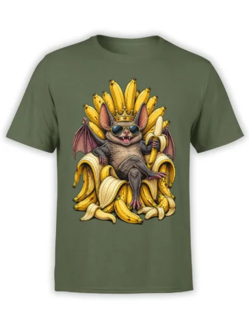 Crowned bat in sunglasses holding a banana on a banana throne printed on a green T-shirt