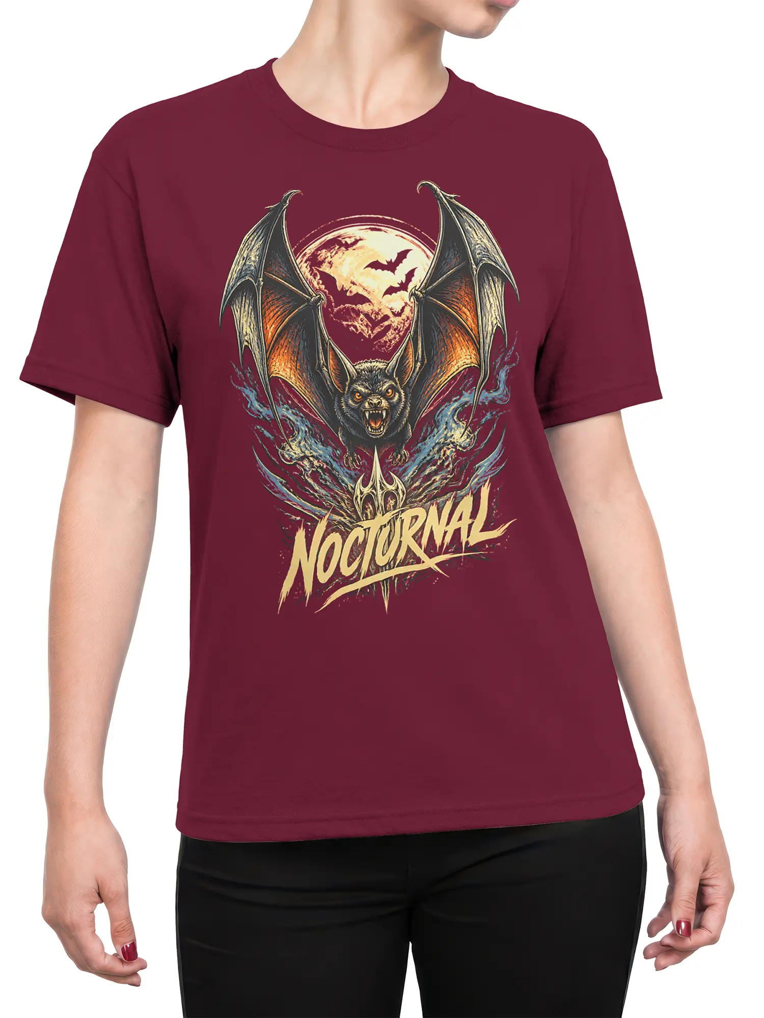 Female torso wearing a burgundy T-shirt with fierce moonlit bat and NOCTURNAL graphic
