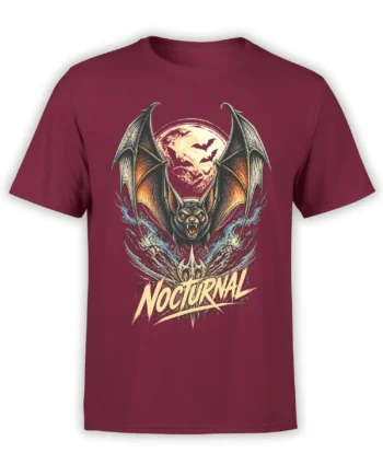 Fierce winged bat beneath a full moon on a burgundy nocturnal graphic T-shirt
