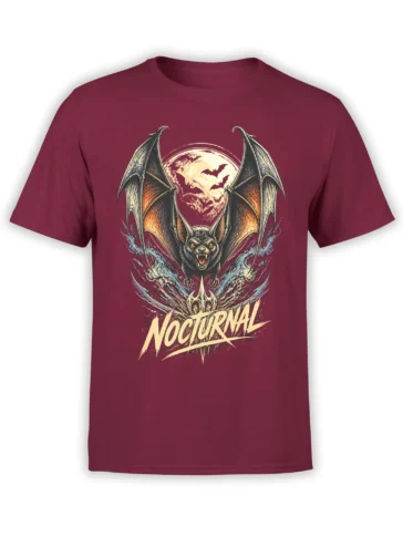 Fierce winged bat beneath a full moon on a burgundy nocturnal graphic T-shirt