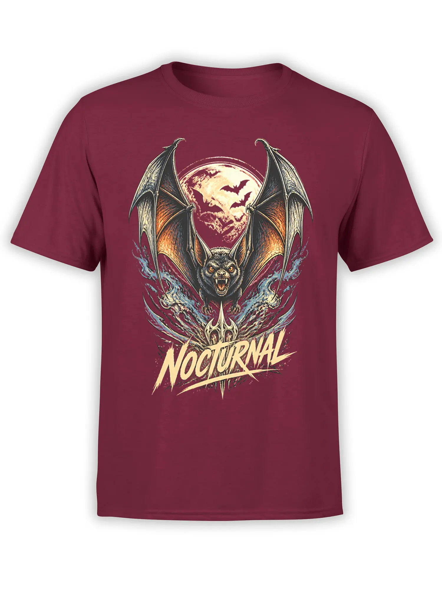 Fierce winged bat beneath a full moon on a burgundy nocturnal graphic T-shirt