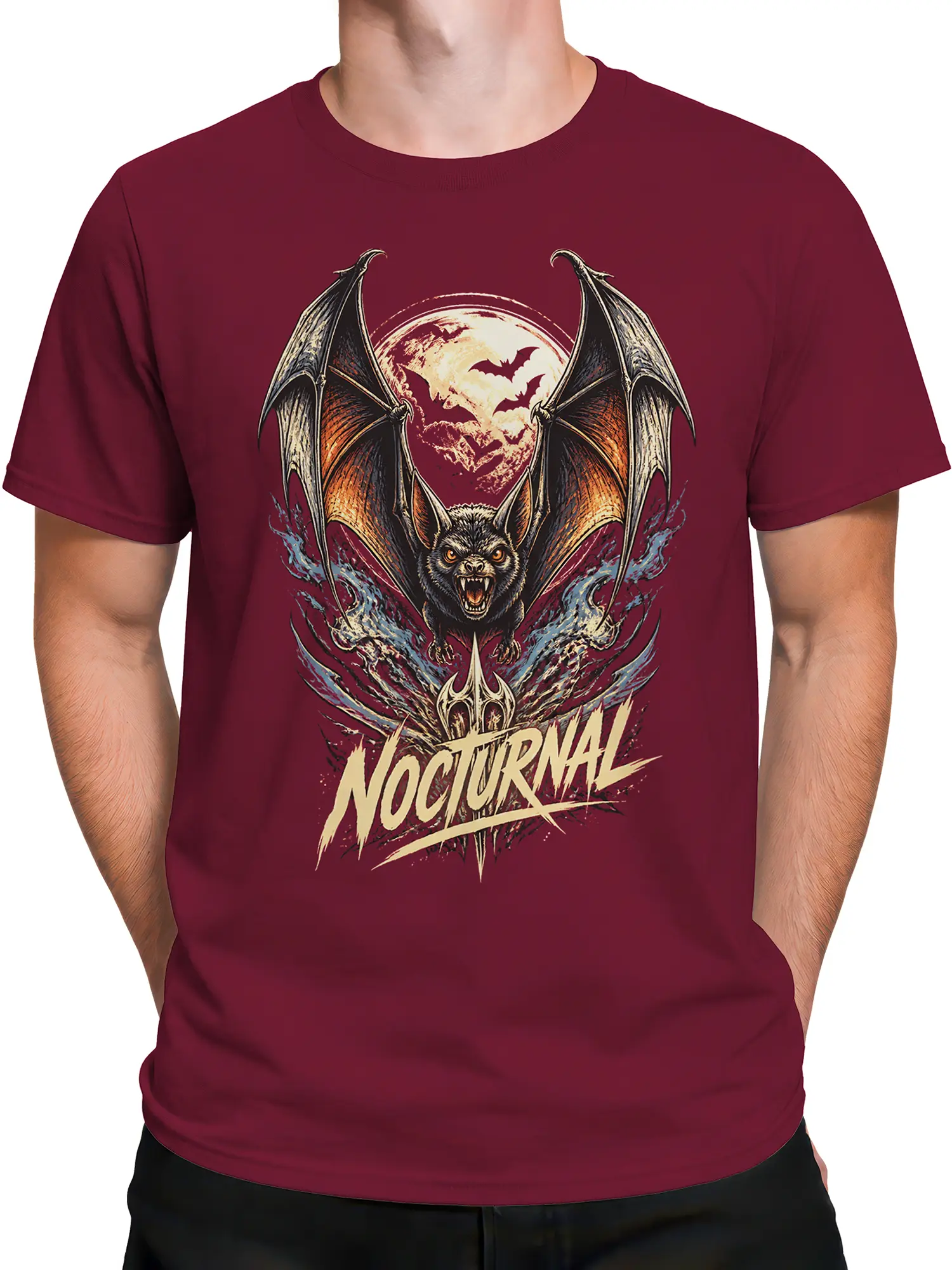 Male torso wearing a burgundy T-shirt with gothic bat, moon, and NOCTURNAL artwork