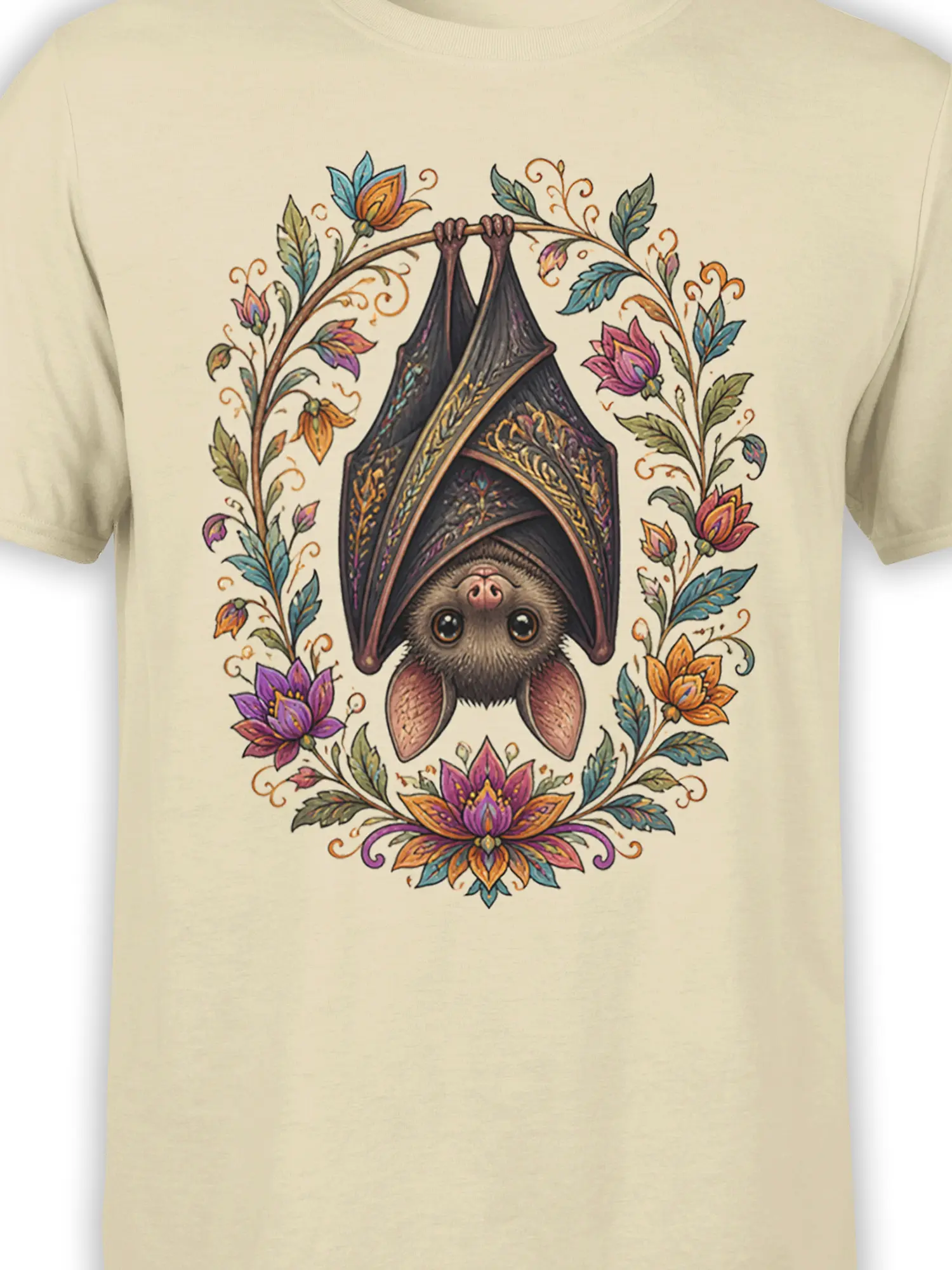 Close-up of upside-down bat and colorful flowers on a beige graphic T-shirt