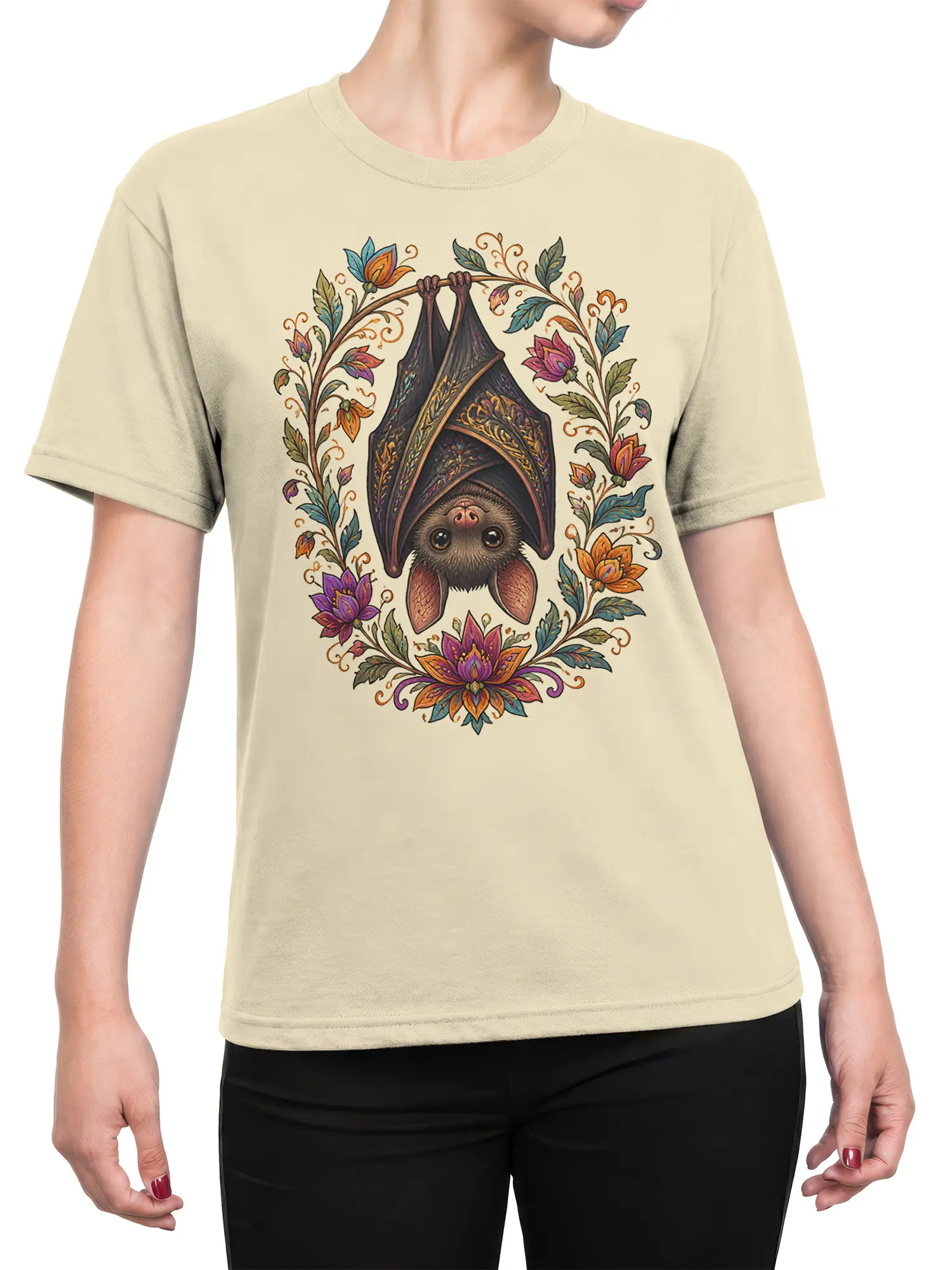 Female torso wearing a beige T-shirt with an ornate upside-down bat and floral design