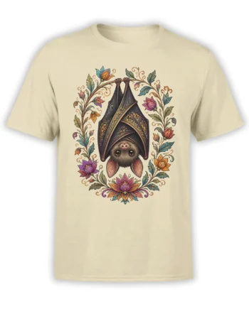 Beige T-shirt with an upside-down bat beneath a colorful ornate floral arch