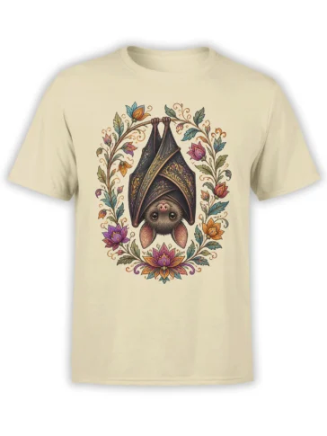 Beige T-shirt with an upside-down bat beneath a colorful ornate floral arch