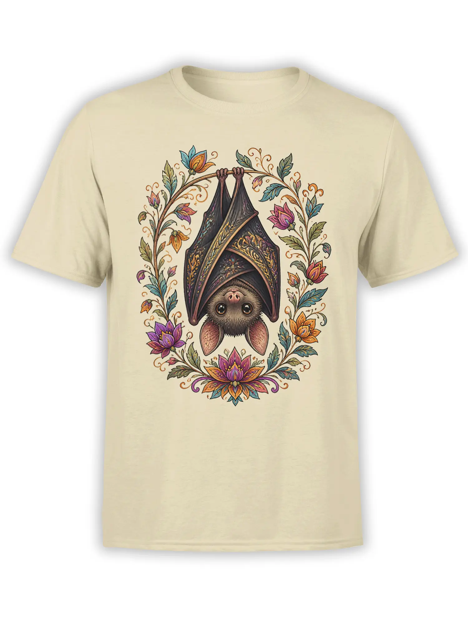 Beige T-shirt with an upside-down bat beneath a colorful ornate floral arch