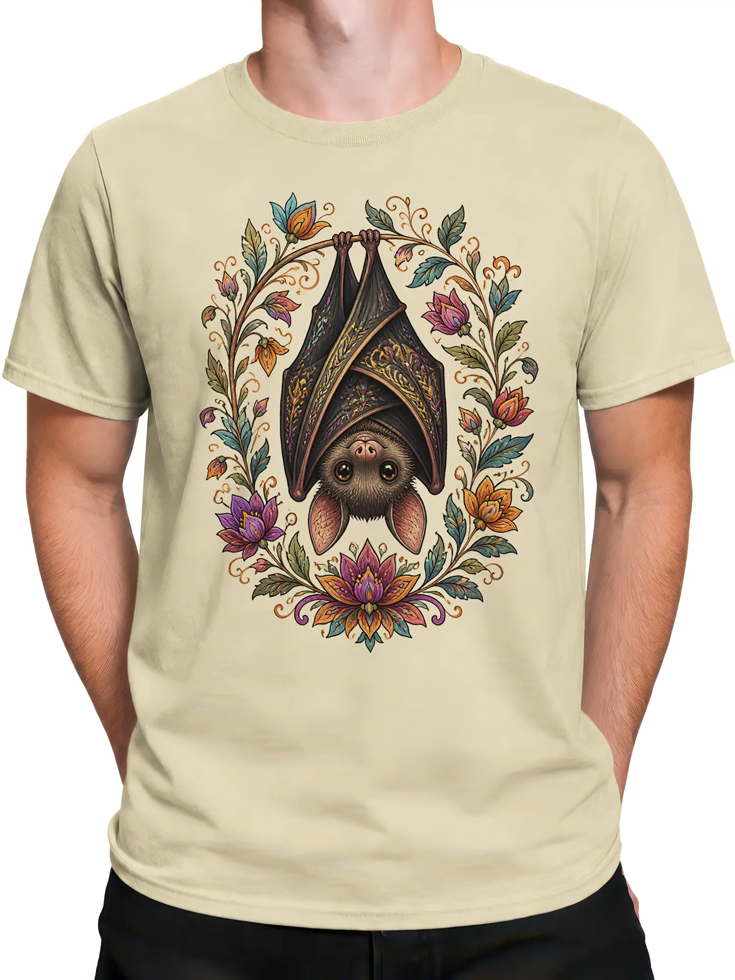 Male torso wearing a beige T-shirt with a colorful floral bat graphic
