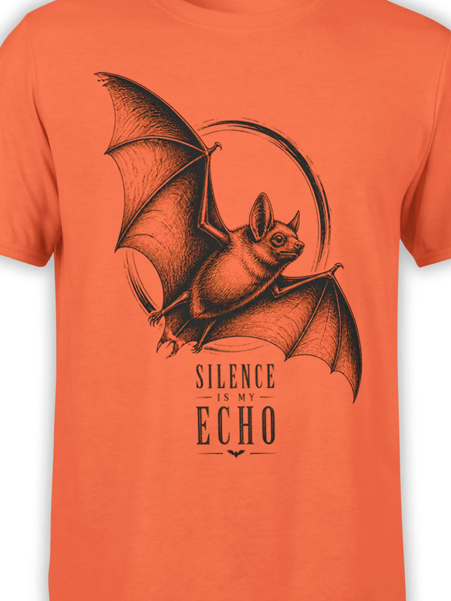 Close-up of vintage bat artwork and “Silence Is My Echo” text on an orange T-shirt