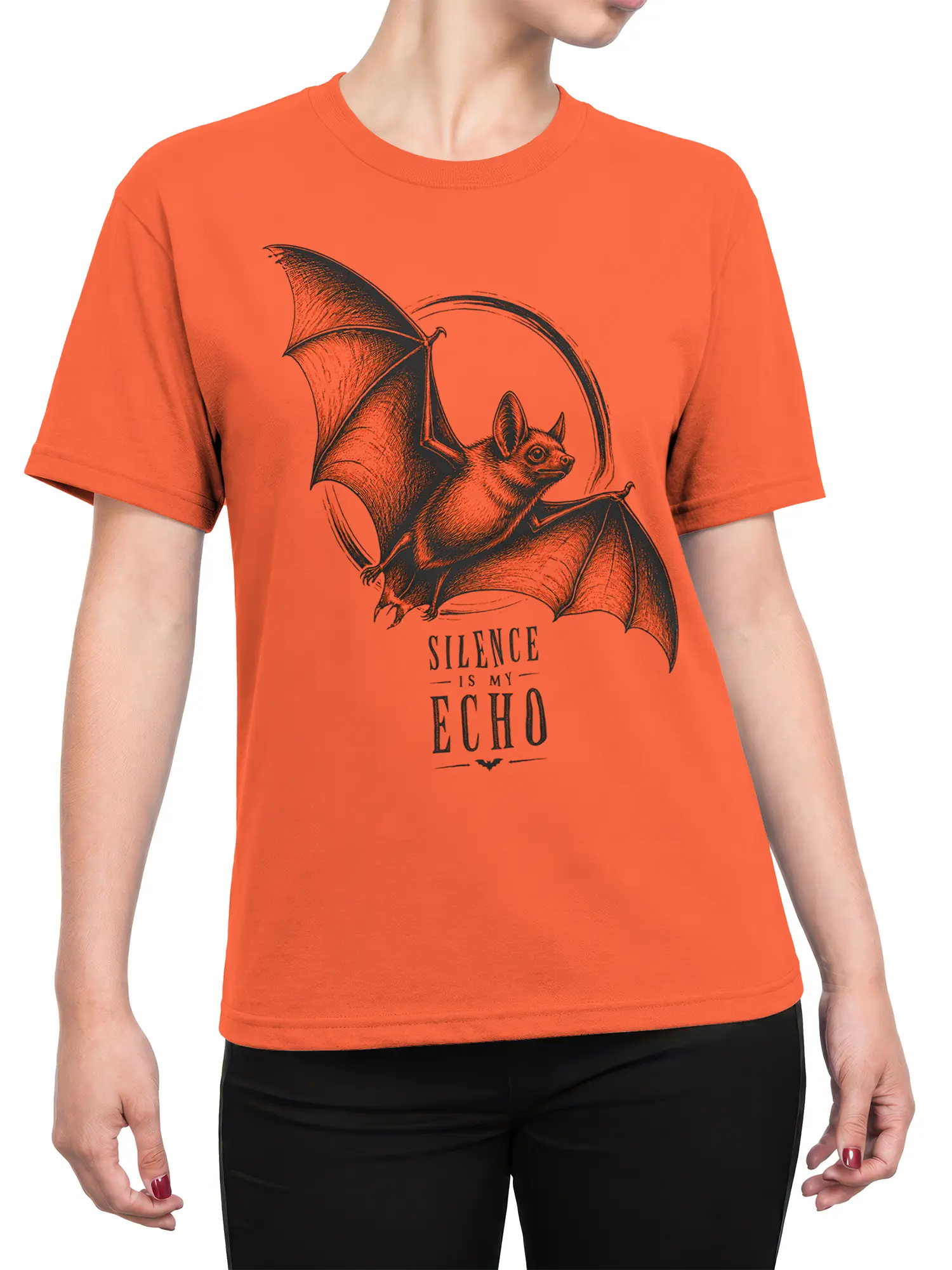 Female torso wearing an orange bat T-shirt with vintage artwork and a quiet gothic quote