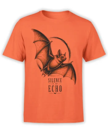 Orange bat T-shirt with vintage black ink artwork and the words “Silence Is My Echo”