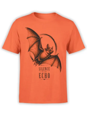 Orange bat T-shirt with vintage black ink artwork and the words “Silence Is My Echo”