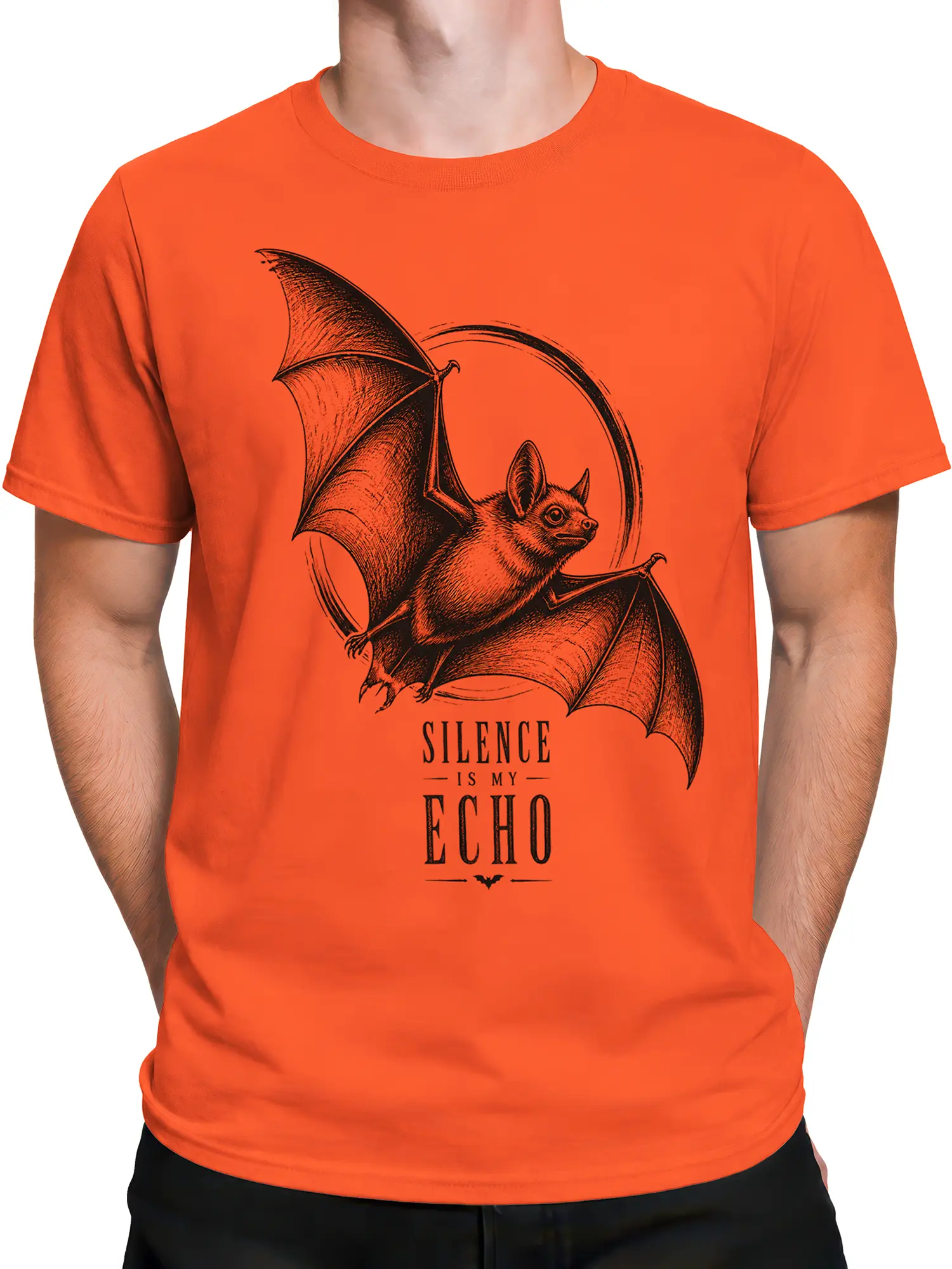 Male torso wearing an orange vintage bat T-shirt with “Silence Is My Echo” lettering