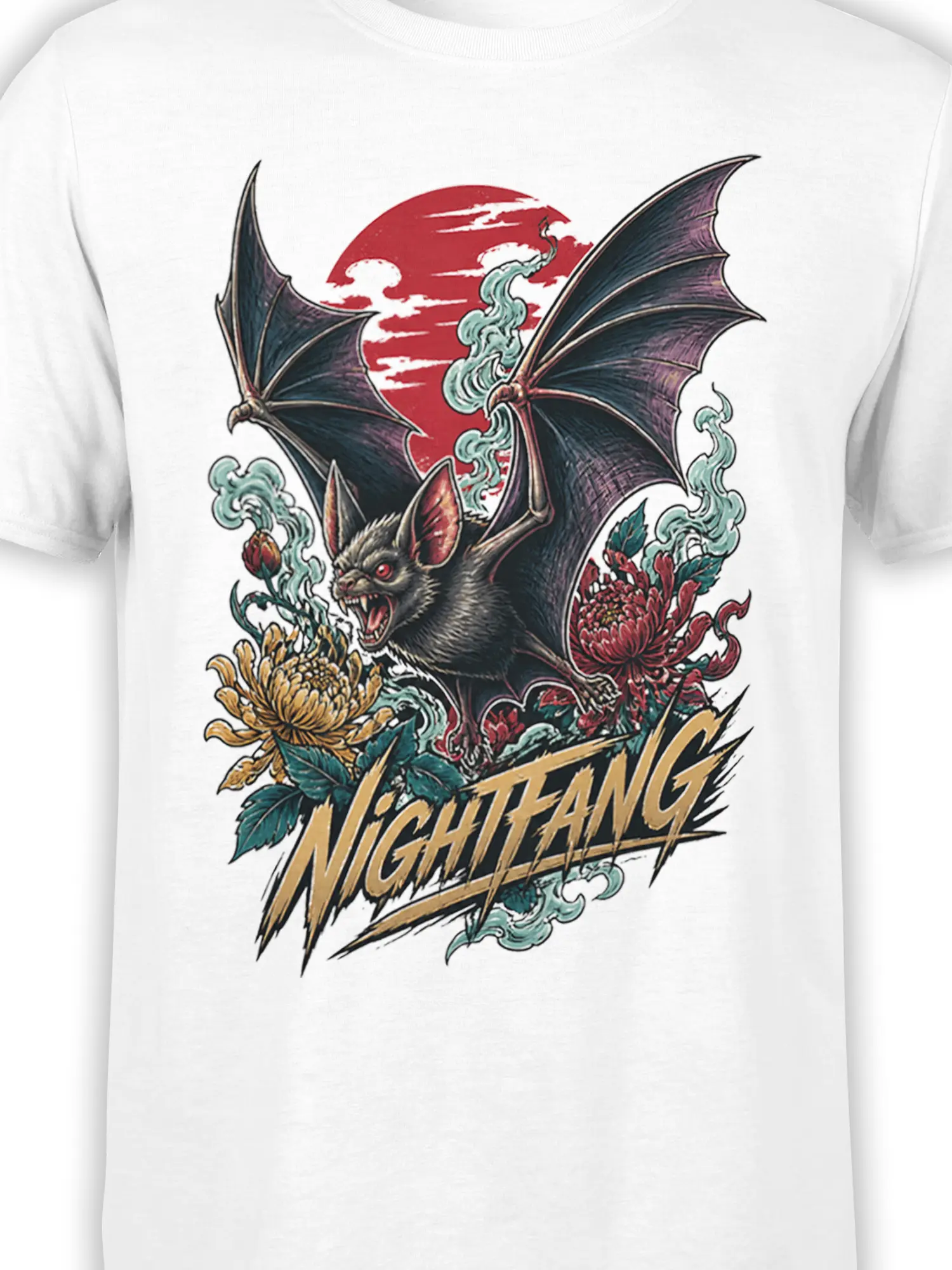 Close-up of the Night Fang bat design with wide wings, red moon, flowers, smoke, and gold lettering on white fabric