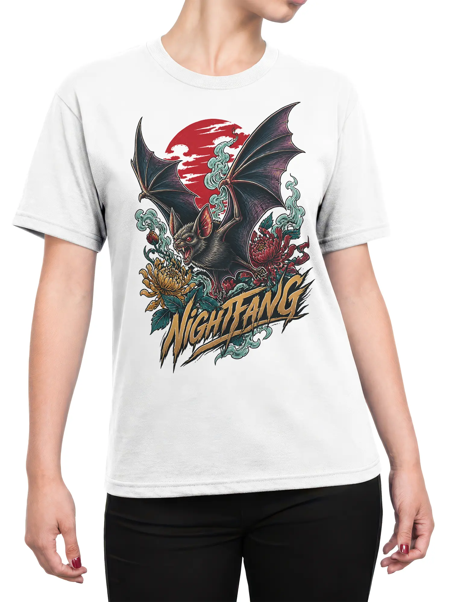 Female torso wearing a white Night Fang T-shirt with a fierce bat, red moon, flowers, and bold graphic lettering
