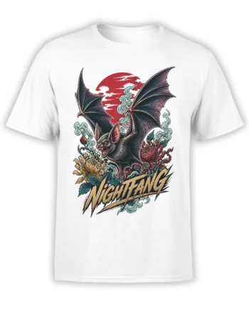 White T-shirt with fierce black bat, red moon, flowers, smoke, and bold Night Fang lettering