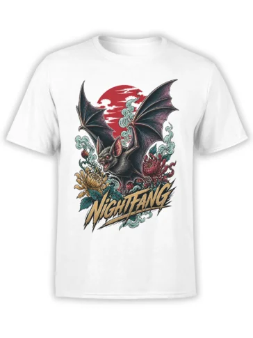 White T-shirt with fierce black bat, red moon, flowers, smoke, and bold Night Fang lettering