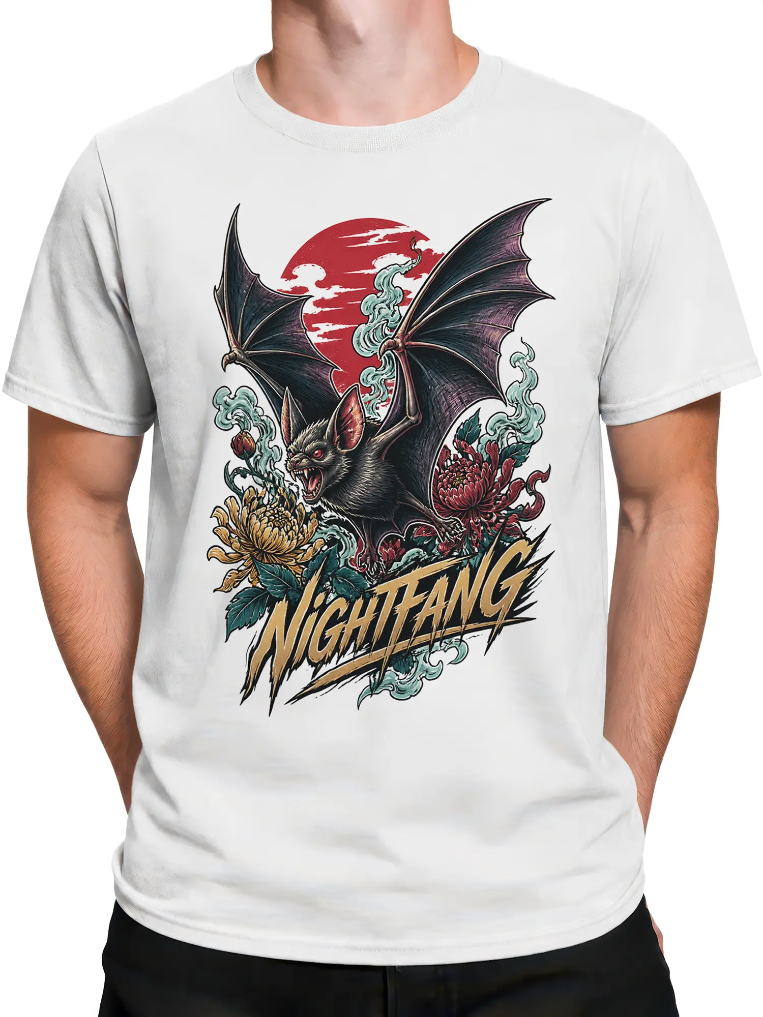 Male torso wearing a white Night Fang T-shirt with a winged bat, flowers, red moon, and graphic lettering
