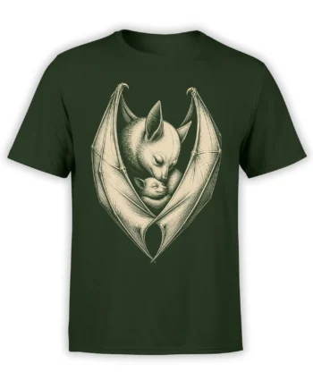 Dark green bat family T-shirt with a cream vintage engraving of an adult bat holding a sleeping baby bat