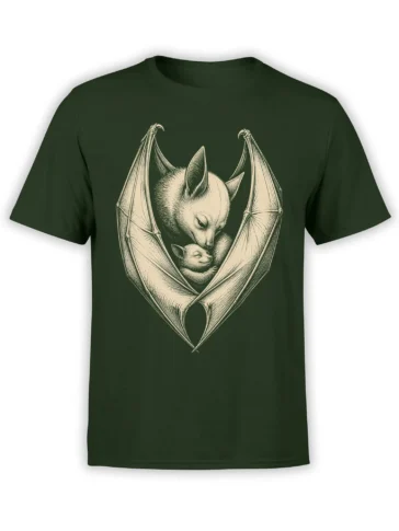 Dark green bat family T-shirt with a cream vintage engraving of an adult bat holding a sleeping baby bat