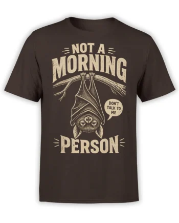 Brown bat t-shirt with sleepy upside-down bat graphic and Not a Morning Person vintage lettering