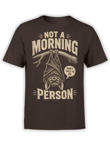 Brown bat t-shirt with sleepy upside-down bat graphic and Not a Morning Person vintage lettering